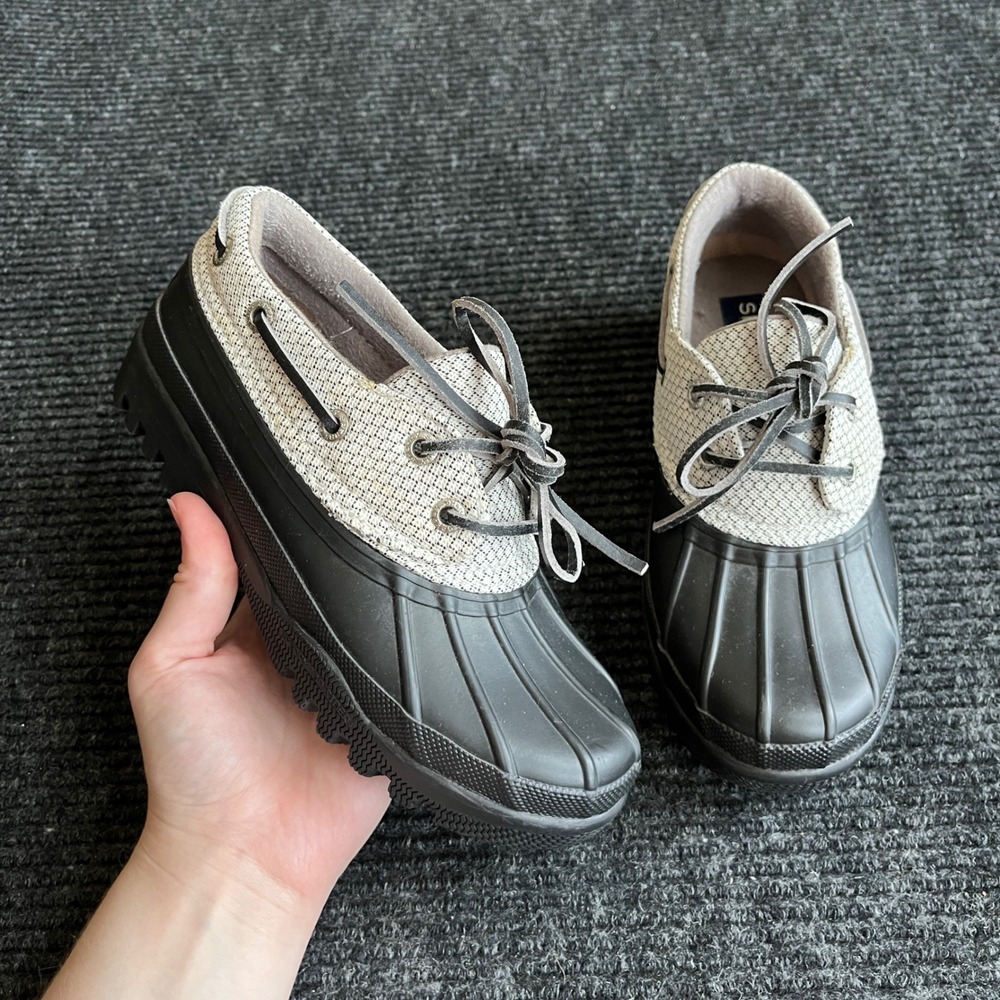 Sperry Duck Shoes Womens 5 Black Oatmeal Waterproof Saltwater Boat Rain Boots